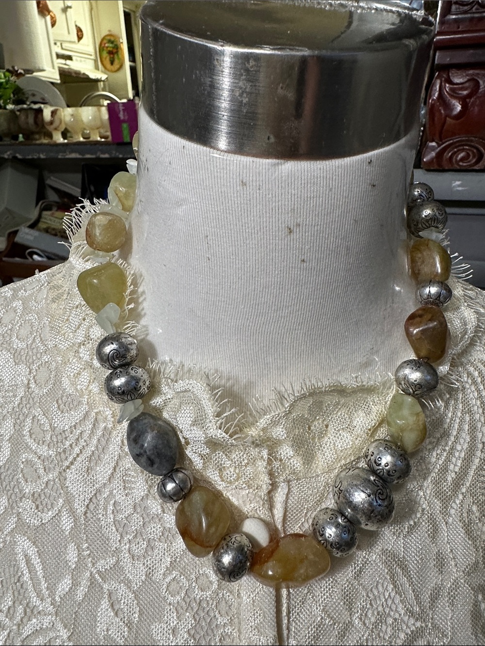 Coldwater Creek Yellow and Gray Beaded Necklace with Silver Accent Beads